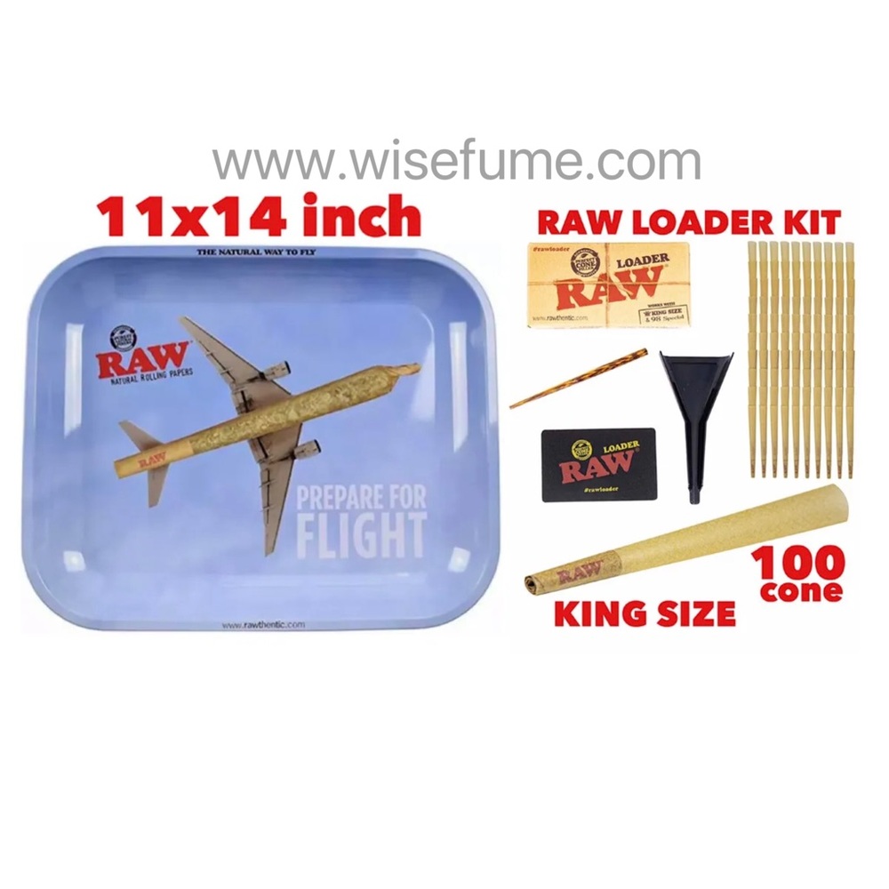 raw rolling metal tray(FLIGHT)large+raw king size cone(100 pack)+cone loader kit